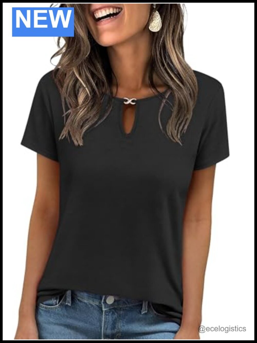 Short Sleeve Keyhole Neck Tee - Casual Basic T-Shirt